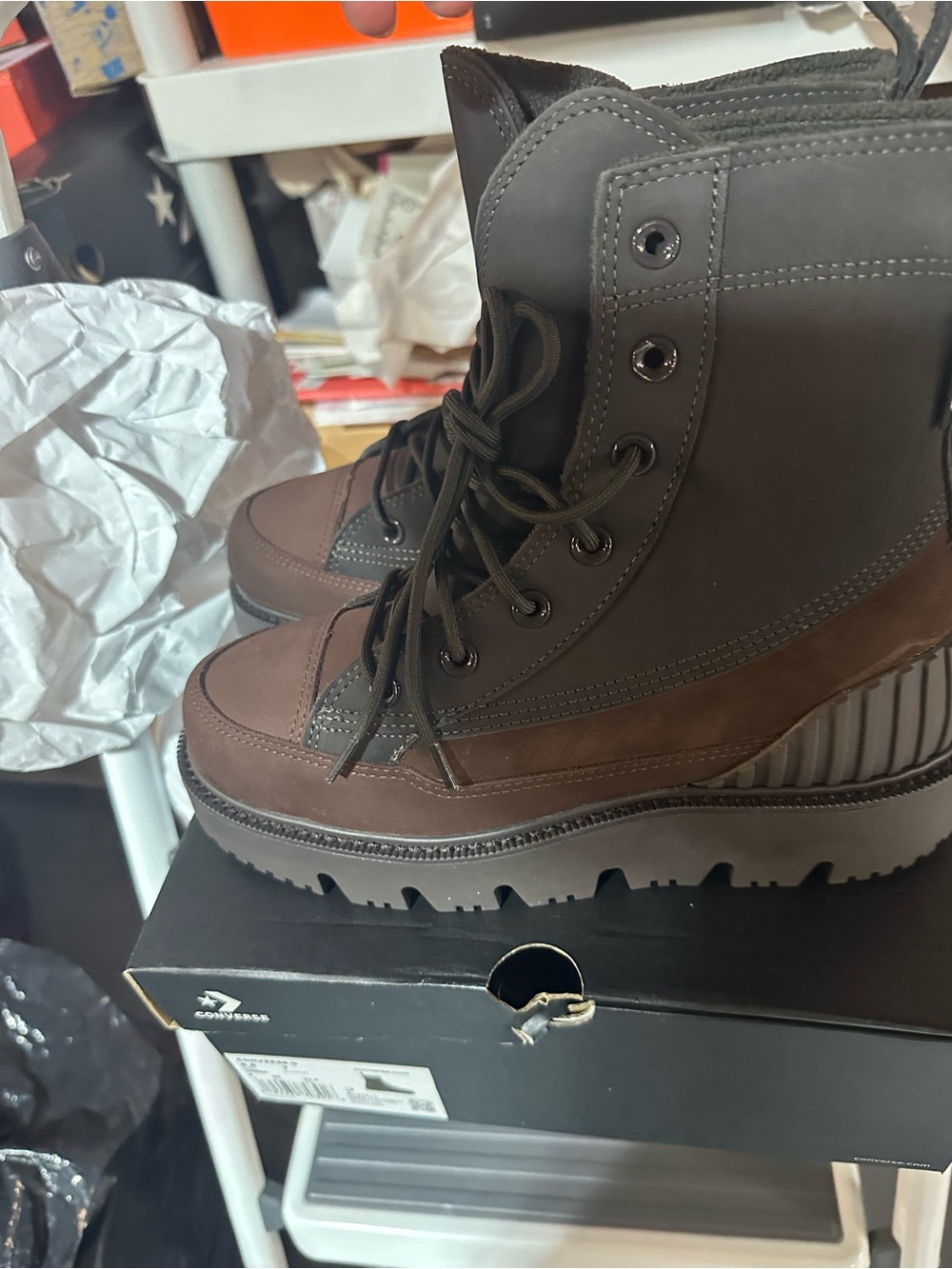 Unisex ConverseBrown High-Top Lace-Up Combat Boots New